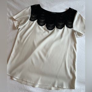 Club Monaco White Silk Blouse with black lace detail